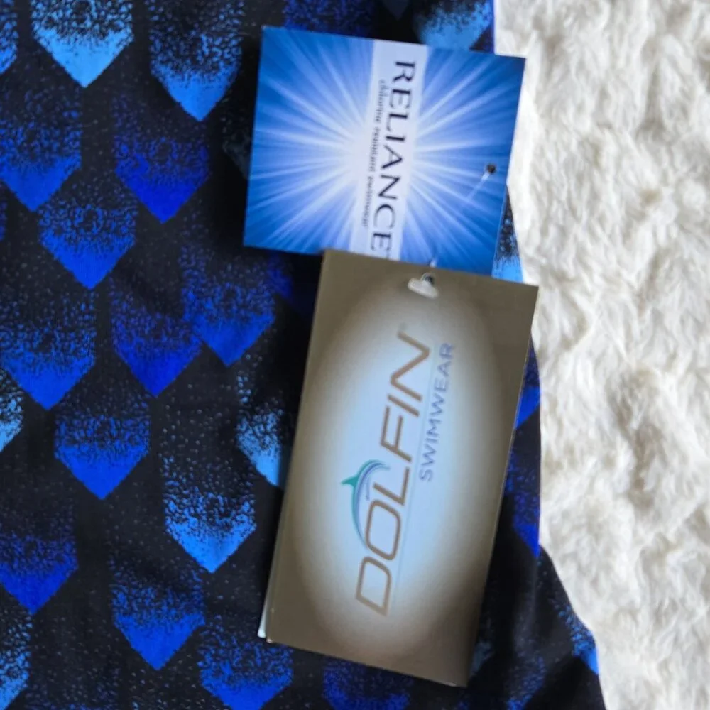 NWT DOLFIN RELIANCE Blue/Black Geo 1-Piece Competition Swim Suit Women's 36/10